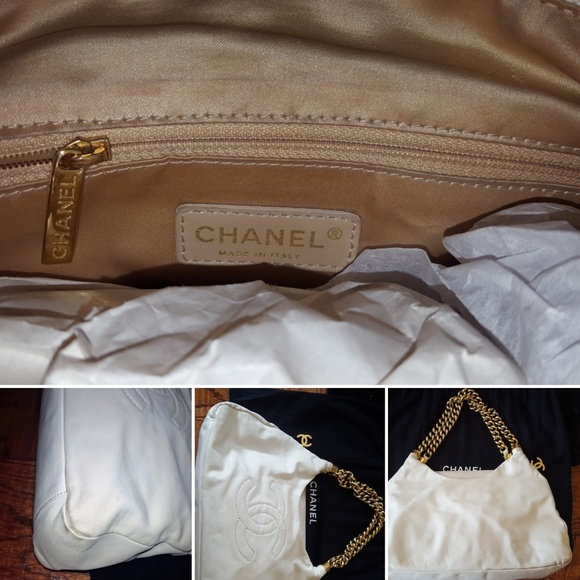 🎈SOLD🎈CHANEL🔥White Leather Gold Chain-link Hobo - Picture 6 of 8